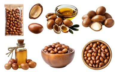 Argan nut seed plant kernel, many angles and view side pile stack, bowl, packet foil pack, essential oil, with husk shell, unshelled, isolated on transparent cutout PNG. Mockup template for design	
