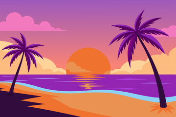 Serene Sunset Over a Tropical Beach with Palm Trees and Calm Sea 