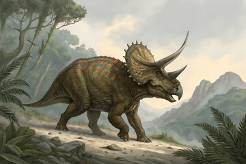 Fototapeta premium A Triceratops gracefully walks through a prehistoric landscape, surrounded by lush vegetation and mountains under a soft, cloudy sky.