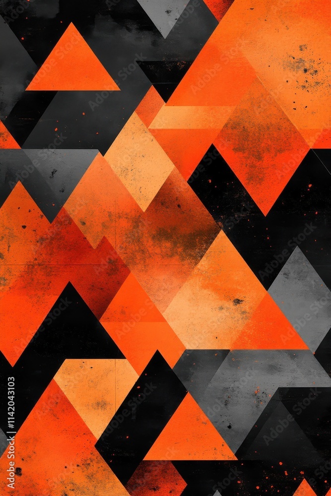 Poster an abstract geometric pattern featuring sharp orange and black triangles, creating a dynamic and str