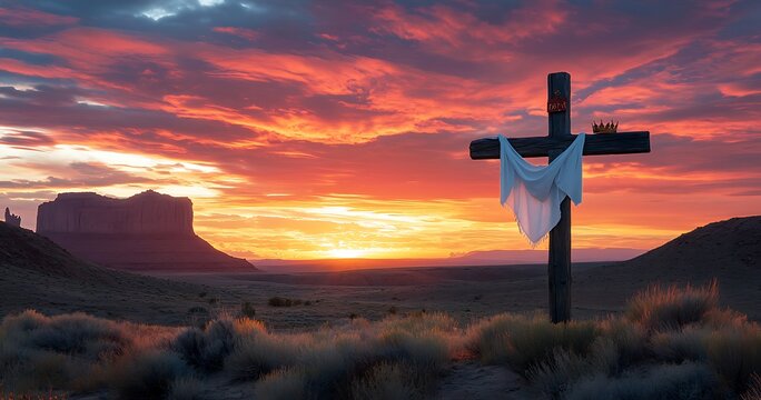 A wooden cross with a white linen cloth hanging on it, easter background