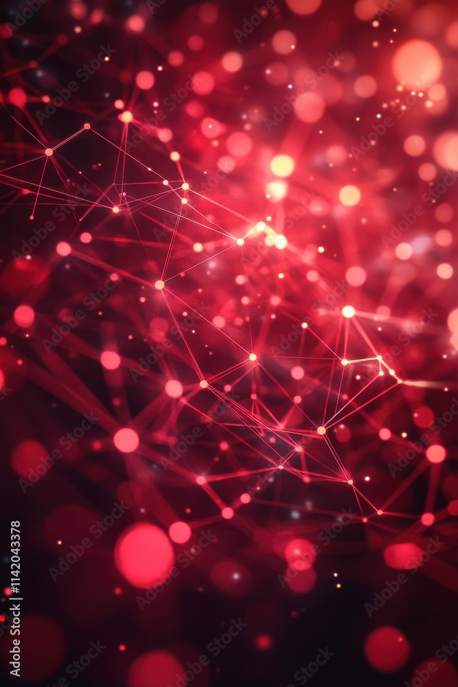 Poster an abstract network of glowing red connections and points representing digital data and technology.