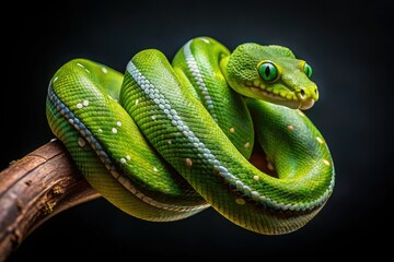 Fototapeta premium Close-up of a juvenile Green Tree Python (Morelia viridis) at night.