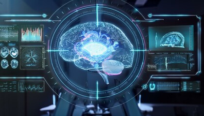 Brain Scan Interface: A futuristic medical interface with a 3D holographic brain scan at its center, surrounded by vital data and readings, symbolizing advancements in neurology and technology. 