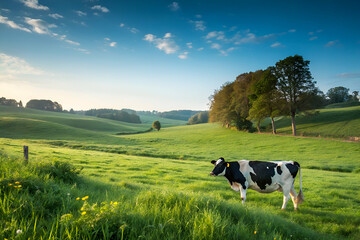 A serene landscape featuring a black and white cow grazing peacefully on lush green grass under a clear blue sky.