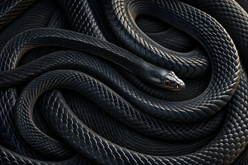 Obraz premium A close-up view of a coiled black snake, showcasing its intricate scales and smooth texture against a contrasting background.