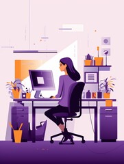 A woman focused on her computer work in a vibrant office, with organized desk accessories and a warm sunlight ambiance, symbolizing productivity and creativity.