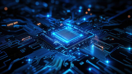 A computer chip is shown in a blue and orange color scheme