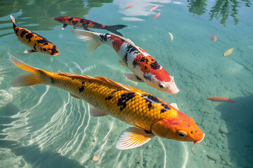 Colorful koi fish swim gracefully in clear water, showcasing vibrant patterns and serene aquatic beauty.