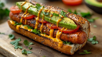 Grilled Sausage Hot Dog with Avocado and Tomato
