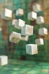 Abstract composition of suspended wooden cubes against a textured green background.