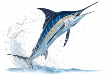 Naklejka premium A marlin leaps from the ocean's surface, showcasing its vibrant blue colors and powerful physique amidst splashing water.