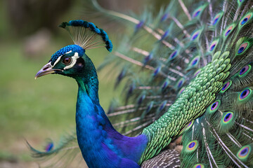 Naklejka premium A vivid peacock displays its iridescent feathers, showcasing stunning shades of blue and green, highlighting its beauty in nature.