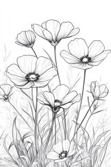 Black and white line art illustration of elegant poppy flowers, showcasing their graceful petals and stems.