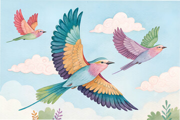 A vibrant illustration of colorful birds in flight against a soft blue sky, surrounded by fluffy clouds and greenery.