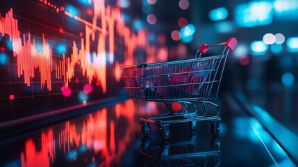 E-commerce growth graph overlay: A vibrant overlay of upward graphs and shopping carts on a glowing touchscreen, emphasizing rapid growth
