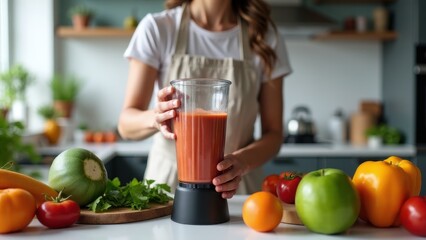 A person blending a colorful smoothie in a modern kitchen, surrounded by fresh fruits and vegetables