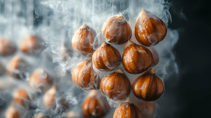 Obraz premium Steaming chestnuts with glossy brown shells in a smoky atmosphere. The rich textures and natural tones are highlighted with steam rising gently, creating a warm and seasonal food aesthetic.