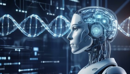 AI and DNA: A futuristic concept of a humanoid robot with a complex neural network, gazing intently at a strand of DNA, representing the intertwining of technology and biology.  