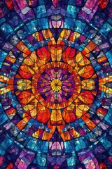 Vibrant circular stained glass window featuring intricate patterns in vivid hues of orange, purple, and blue.