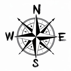 A striking black and white compass rose design featuring directional markers: North, East, South, and West, symbolizing navigation and adventure.