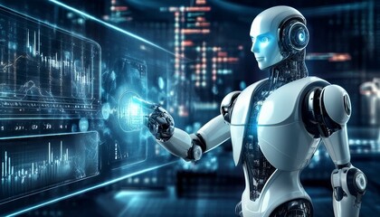 AI Robot Analyzing Data on Holographic Screen 