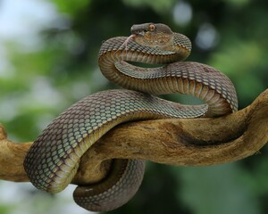 Black mangrove pit Viper closeup on branch, Black solid Pit Viper Closeup on branch, Mangrove Pit Viper (Trimeresurus purpureomaculatus), 18 December 2024 Indonesia