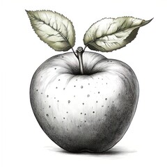 Monochrome illustration of a single apple with two leaves.
