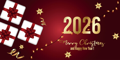 Happy New Year 2026 Elegant gold text with balloons and confetti. Realistic vector illustration