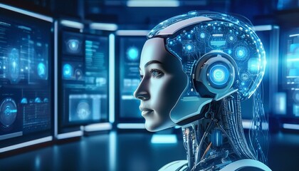 The Future of Intelligence: A captivating portrait of a female AI robot, her translucent head revealing intricate circuitry and glowing blue lights, set against a backdrop of futuristic data screens.