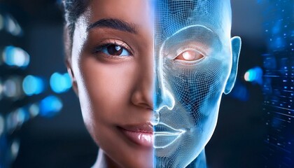 Human-AI Hybrid: A captivating portrait of a woman seamlessly merging with a futuristic AI rendering.  Exploring themes of technology, identity, and the future of humanity. 