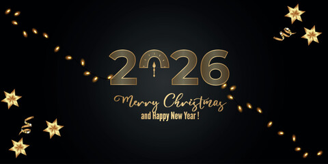 Naklejka premium Happy New Year 2026 Elegant gold text with balloons and confetti. Realistic vector illustration