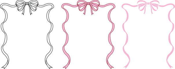 Hand drawn bow ribbon square frame with editable stroke thickness for wedding, valentines card and so on. Vector illustration.