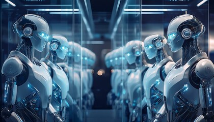 Fototapeta premium Robotic Assembly Line: Futuristic androids stand in formation, their glowing eyes reflecting a technological marvel.