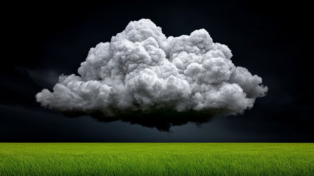 Ominous Cloud Formation: A dramatic, imposing cumulonimbus cloud dominates the sky, casting a foreboding shadow over a field of vibrant green grass. Its dark.