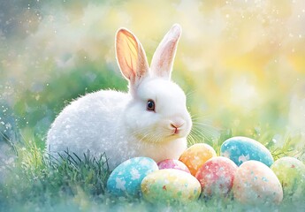 Cute Easter bunny surrounded by colorful eggs, easter background