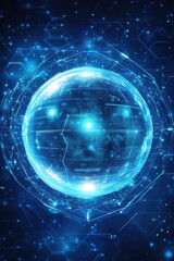 Obraz premium A glowing blue digital sphere surrounded by intricate patterns and circuitry, symbolizing advanced technology.