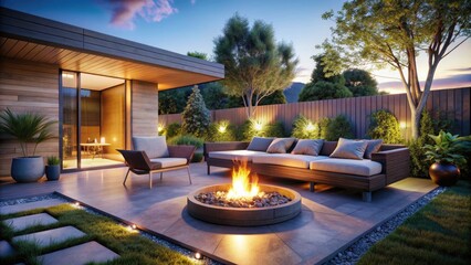 Obraz premium Modern fire pits transform backyards into inviting gathering spots. Stylish seating enhances comfort and ambiance.