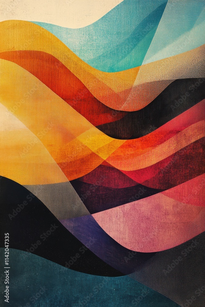 Poster a vibrant abstract design featuring flowing waves in warm and cool colors, creating a dynamic visual