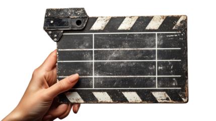 hand holding a clapboard isolated on white background