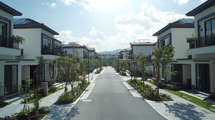Sunlit residential street with modern houses, landscaping, and paved road.