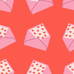 Cute seamless pattern with envelopes, hearts and cards. Vector illustration in flat style, hand drawn doodle.
