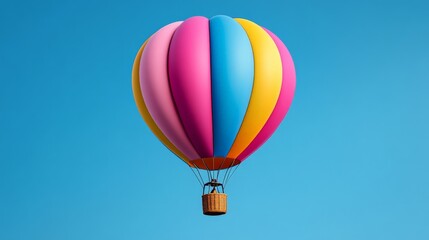 Obraz premium Colorful Hot Air Balloon in the Sky: A vibrant hot air balloon with a striped pattern in pink, yellow, blue, and orange drifts gracefully against a clear blue sky. Its basket hangs below.