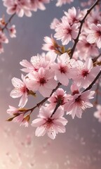 Obraz premium delicate cherry blossom branches with soft pink hues and intricate leaf shapes, gentle pink blooms, ornamental tree, cherry blossoms leafy branches