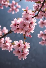 delicate pink cherry blossoms scattered along the length of a single stem, pink blossoms on twig, blossoms on stem