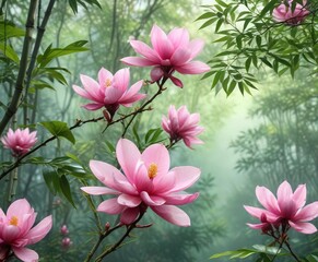 Obraz premium Delicate Asian pink magnolia flower blossom amidst lush bamboo leaves in a serene watercolor landscape, serenity, watercolor