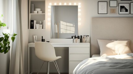 Fototapeta premium Modern bedroom vanity with lighted mirror, chair, and makeup.