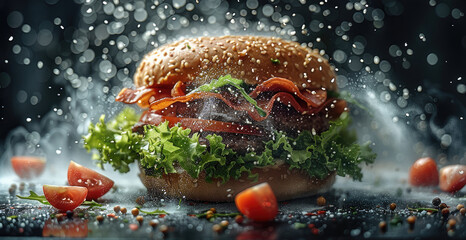 The burger is cut open, with the crispy lettuce perfectly, blending with the other ingredients, set against a high-end minimalist black background.