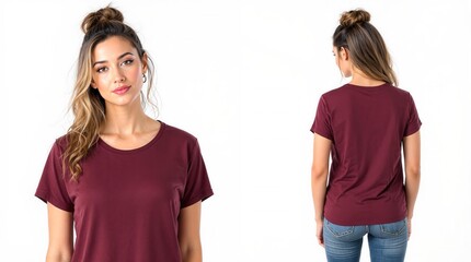 Woman in burgundy color t-shirt on white background