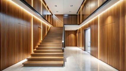 Fototapeta premium Modern hallway design features a striking surreal wooden staircase, complemented by sleek paneling and pristine white walls. Architectural photography highlights its beauty.